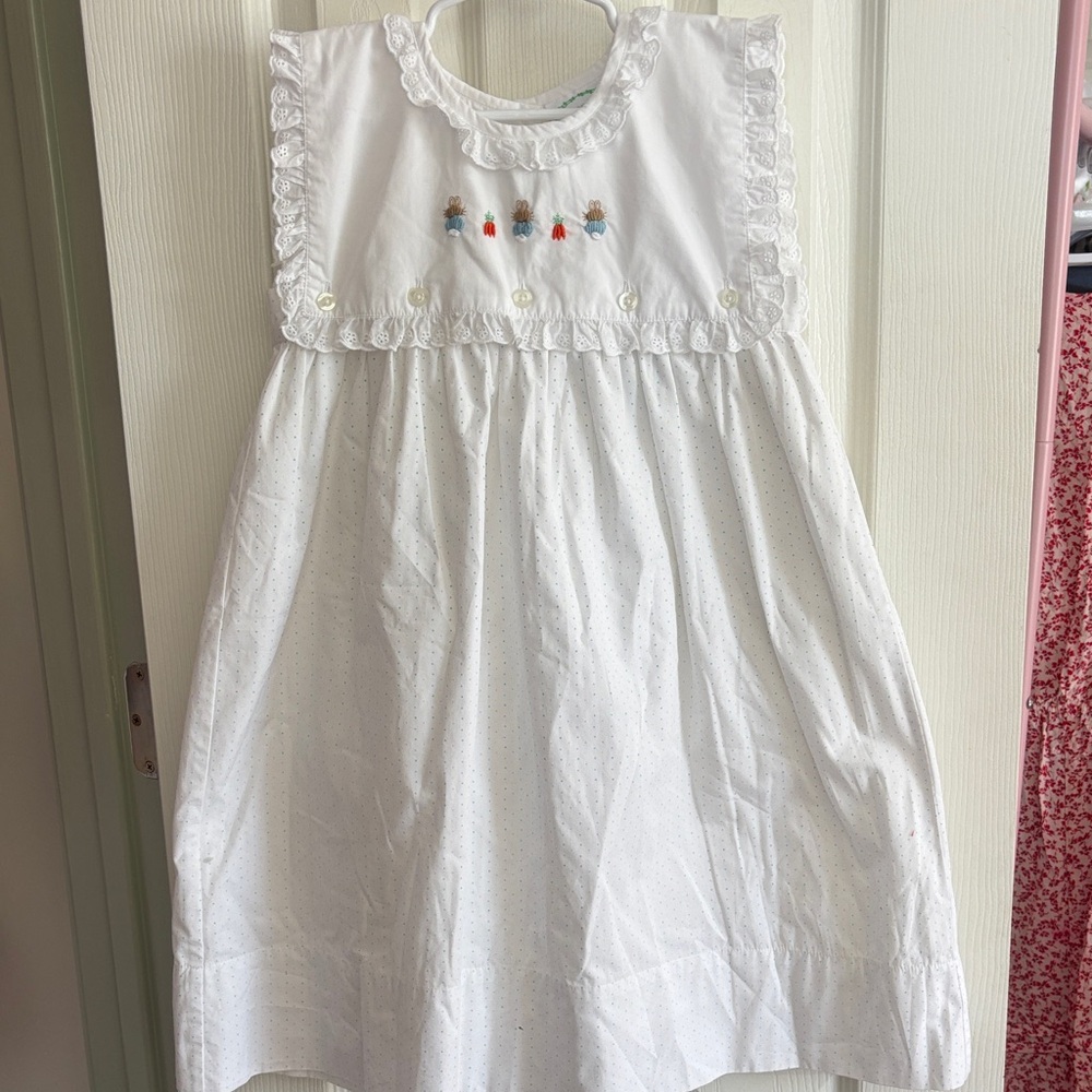 White Sleeveless Dress with Embroidered Bunny Detail